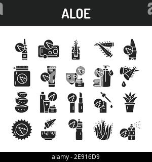 Set di icone glifo nero Aloe. Illustrazione vettoriale. Pittogrammi di contorno per pagina web, app mobile, promo Illustrazione Vettoriale