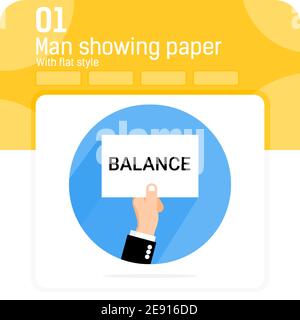 Uomo che mostra l'illustrazione vettoriale del testo DEL BILANCIAMENTO della carta con stile piatto isolato su sfondo bianco. Semplice vettore disegno illustrazione mano uomo d'affari Illustrazione Vettoriale