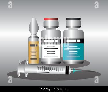 siringa world medical bottles con vaccino del coronavirus, protezione contro la covid 19 illustrazione vettoriale Illustrazione Vettoriale