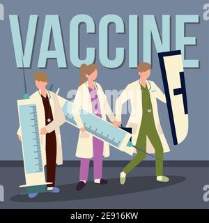 medici con siringa grande e vaccino scudo previene la malattia coronavirus illustrazione vettoriale Illustrazione Vettoriale