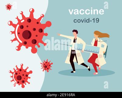 i medici della donna e dell'uomo tiene la siringa grande con il vaccino, il medico impedisce l'illustrazione del vettore di covid 19 Illustrazione Vettoriale