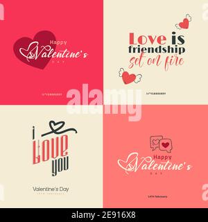 4 Pack di Happy Valentines Day Typography.Calligraphic design per biglietti da stampa, biglietti d'auguri, banner, poster Illustrazione Vettoriale
