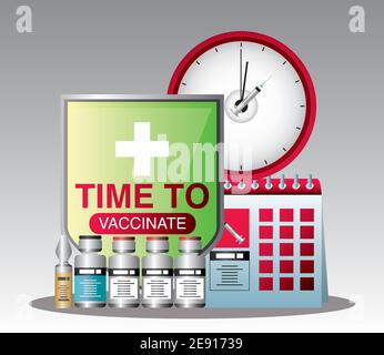 world vaccine, time to vaccinate immunization schedule vials covid 19 coronavirus illustrazione vettoriale Illustrazione Vettoriale