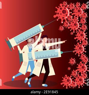 donna e uomo medico con siringa grande vaccino covid 19 illustrazione vettoriale Illustrazione Vettoriale