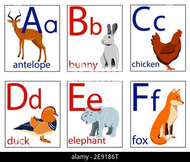 Flashcards per bambini con lettere e immagini di animali per imparare l'alfabeto inglese. Illustrazione Vettoriale