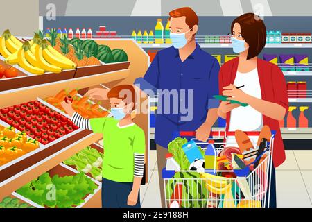 Un'illustrazione vettoriale di Family Shopping Grocery indossare maschera durante Pandemia Illustrazione Vettoriale