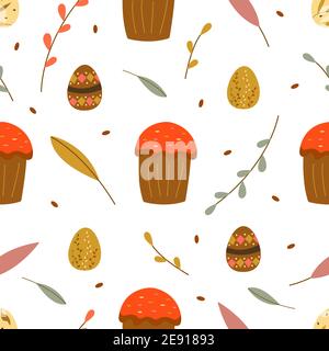 Modello senza cuciture con torta di Pasqua, uova, ramoscelli e foglie di salice. Buona Pasqua. Illustrazione colorata di cartoni animati vettoriali. Adatto per carta da imballaggio, fab Illustrazione Vettoriale