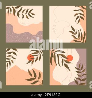 Set astratto ambientato natura contemporanea - vendita estiva, contenuti promozionali sui social media. Foglie, sole, mare, spiaggia e montagne. Design per poster Illustrazione Vettoriale