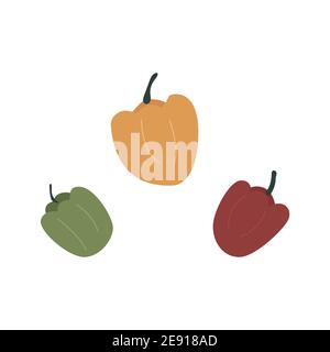 Set di peperoni dolci, rossi, verdi e gialli. Illustrazione vettoriale in stile cartoon. Disegno a mano Illustrazione Vettoriale