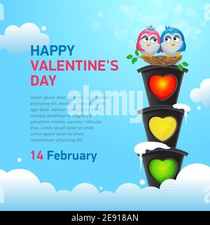 Due uccelli inamorati in un nido a un semaforo su uno sfondo di cielo blu. Buon giorno di San Valentino banner concetto con spazio di testo Illustrazione Vettoriale