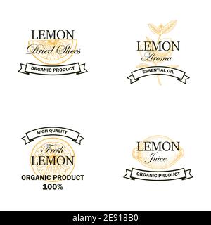 Set di logo al limone con elementi disegnati a mano isolati su sfondo bianco. Illustrazione vettoriale in stile vintage Illustrazione Vettoriale