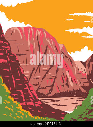 WPA poster art di Zion National Park, una riserva naturale dello Utah sud-occidentale che si distingue per le ripide scogliere rosse di Zion CanyonÕs negli Stati Uniti in opere proje Illustrazione Vettoriale