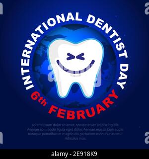 Giornata Internazionale del dentista. Simbolo del dente con un sorriso carino sullo sfondo del globo. Carta, invito con luogo per testo. Vettore, illustratore Illustrazione Vettoriale