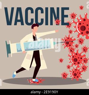 medico con siringa grande e vaccino impedisce la diffusione di illustrazione vettoriale Illustrazione Vettoriale