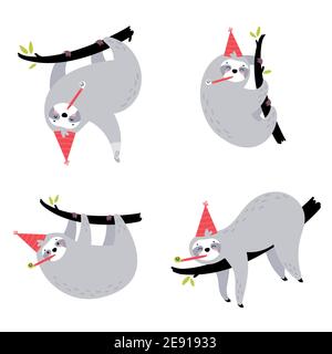 Set di graziose spioventi disegnate a mano appesi sull'albero. Illustrazione Vettoriale