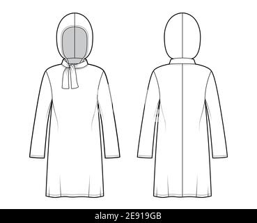 Modeste tuniche hijab tecnica moda con cravatta, maniche lunghe, oversize, lunghezza sotto il ginocchio, cappuccio. Capo di abbigliamento a camicia piatta con mascherina frontale, posteriore, colore bianco. Donne uomini Unisex CAD mockup Illustrazione Vettoriale