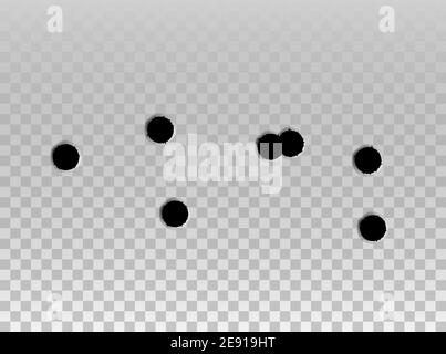 Sparare il segno di gocciolamento del foro bullet. Fucile a percussione, punto di attacco del foro bullet su trasparente. Illustrazione Vettoriale