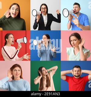 Collage di persone che ascoltano suoni e di persone che usano megafoni su sfondo a colori Foto Stock