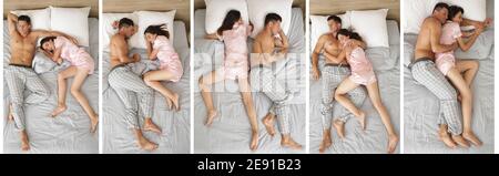 Coppia giovane dormire in posizioni differenti sul letto, vista dall'alto Foto Stock
