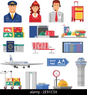 Icona dell'aeroporto Imposta gli assistenti di volo e i piloti figure elementi e. illustrazione vettoriale degli edifici aeroportuali aerei e dei carrelli per bagagli Illustrazione Vettoriale