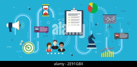 Gestione strategica dei progetti, comunicazione e marketing. Concetto di gestione dei progetti, flusso di lavoro aziendale, organizzazione dei team di lavoro e tempistica Illustrazione Vettoriale