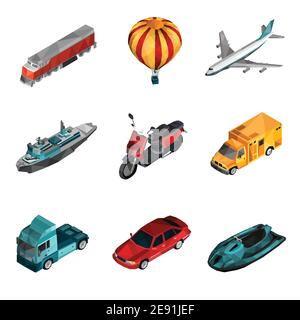 Set isometrico per trasporto con icone furgone ferroviario per motociclette in poly basso illustrazione vettoriale isolata Illustrazione Vettoriale