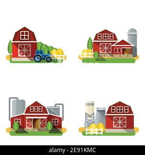 Edifici agricoli e case di campagna icone piatte insieme vettore isolato illustrazione Illustrazione Vettoriale