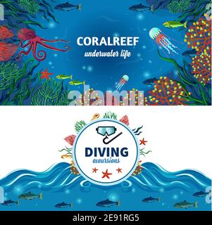 Banner orizzontali SEA LIFE con colorata immagine delle barriere coralline esotici animali subacquei e immersione pubblicità vettoriale piatto illustrazione Illustrazione Vettoriale