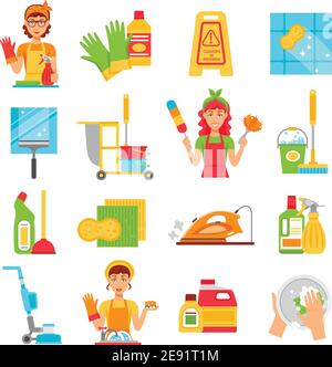 Set di icone del servizio di pulizia con diversi tipi di materiale pulito e donne lavoratori sul posto di lavoro illustrazione vettoriale Illustrazione Vettoriale