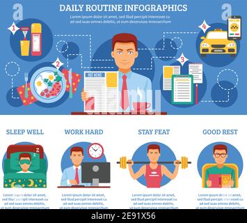 Infografiche quotidiane dell'uomo con descrizioni del lavoro della parete del sonno difficoltà di soggiorno e buona illustrazione vettoriale di riposo Illustrazione Vettoriale