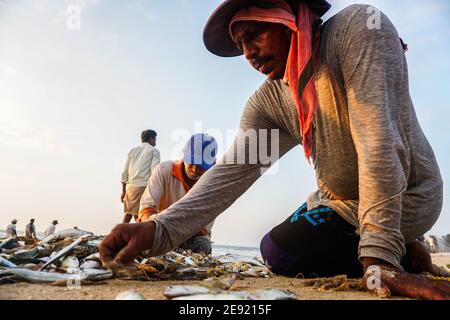 Udupi,Karnataka, India - Dicembre 6,2020 : le storie dei pescatori sulla riva Foto Stock