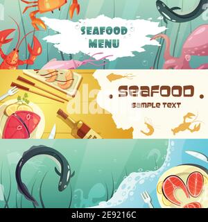 Colori banner orizzontali menu di pesce con titolo raffigurante gli abitanti del mare e illustrazione vettoriale pasto di pesce Illustrazione Vettoriale