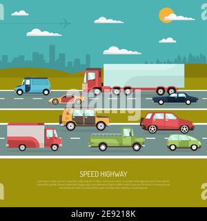 Progettazione di autostrade veloci con vista laterale di diversi tipi di autovetture e camion immagine vettoriale piatta Illustrazione Vettoriale