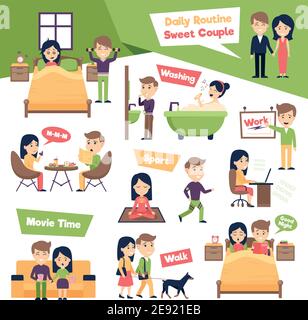 Poster con immagini insieme di persone di routine quotidiana che presenta ordinaria giorno di dolce coppia cartoon illustrazione vettoriale Illustrazione Vettoriale