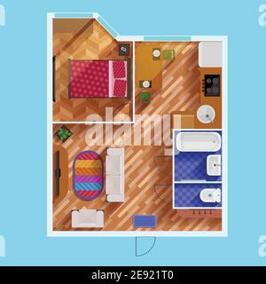 Colorato piano di appartamento con una camera da letto soggiorno cucina bagno wc e mobili immagine vettoriale appartamento Illustrazione Vettoriale