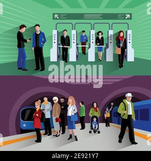 Passeggeri della metropolitana con checkpoint a pagamento presso la stazione della metropolitana 2 composizione di striscioni piatti illustrazione vettoriale isolata astratta Illustrazione Vettoriale