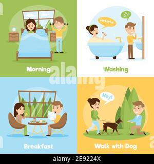Stile cartone animato 2x2 composizioni della vita quotidiana della gente che presenta mattina lavare la colazione e camminare con cane vettore illustrazione Illustrazione Vettoriale