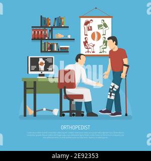 Progettazione ortopedica con medico sul posto di lavoro che esamina il paziente illustrazione vettoriale piatta con stampelle Illustrazione Vettoriale