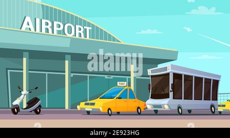 Composizione cartoni animati per il trasporto urbano con taxi scooter al terminal dell'aeroporto e l'autobus passeggeri in aereo che decollo vettore piano di sfondo illustrazione Illustrazione Vettoriale