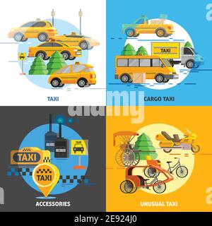 Concetto di servizio taxi con diversi tipi di trasporto e supporto in un'illustrazione vettoriale di stile piatto Illustrazione Vettoriale