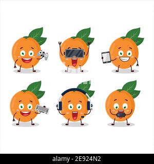 Il personaggio dei cartoni animati grapefruit sta giocando con vari simpatici emoticon. Illustrazione vettoriale Illustrazione Vettoriale