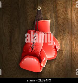 Guanti da boxe rossi realistici appesi su pareti di legno illustrazione vettoriale Illustrazione Vettoriale