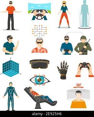 Le icone dei videogiochi in realtà virtuale sono impostate con il joystick nelle persone guanti con filo per mani, occhiali per realtà aumentata, illustrazione vettoriale isolata Illustrazione Vettoriale