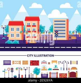 Set di icone decorative con diversi oggetti ed elementi comuni per l'illustrazione vettoriale della costruzione di strade urbane Illustrazione Vettoriale