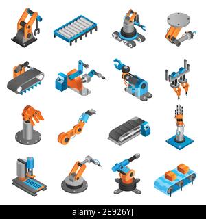 Robot indusziale e macchinari di fabbrica icone isometriche 3d impostate isolate illustrazione vettoriale Illustrazione Vettoriale