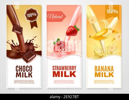 Striscioni verticali di latte dolce con cioccolato alla banana e. illustrazione vettoriale isolata con latte di fragola Illustrazione Vettoriale