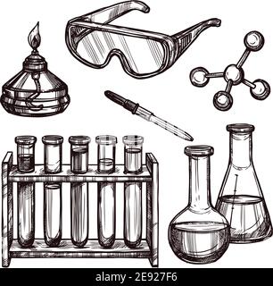 Strumenti e dispositivi di laboratorio per chimica mano di schizzo in bianco e nero immagine vettoriale isolata con set di icone decorative disegnate Illustrazione Vettoriale