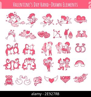 Elementi disegnati a mano il giorno di San Valentino. Elementi d'amore carino e rosa isolati su bianco Illustrazione Vettoriale