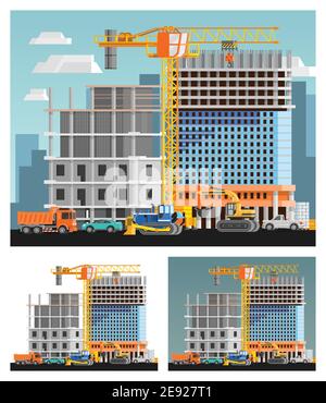 Costruzione di blocchi di appartamenti e composizioni ortogonali della città si appiattire illustrazione vettoriale isolata Illustrazione Vettoriale