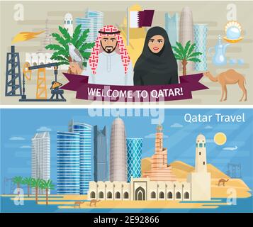 Banner Qatar con simboli nazionali degli edifici del paese e illustrazione vettoriale concettuale del paesaggio Illustrazione Vettoriale